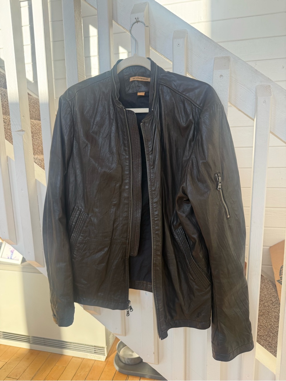 John Varvatos Black Leather Bomber Jacket